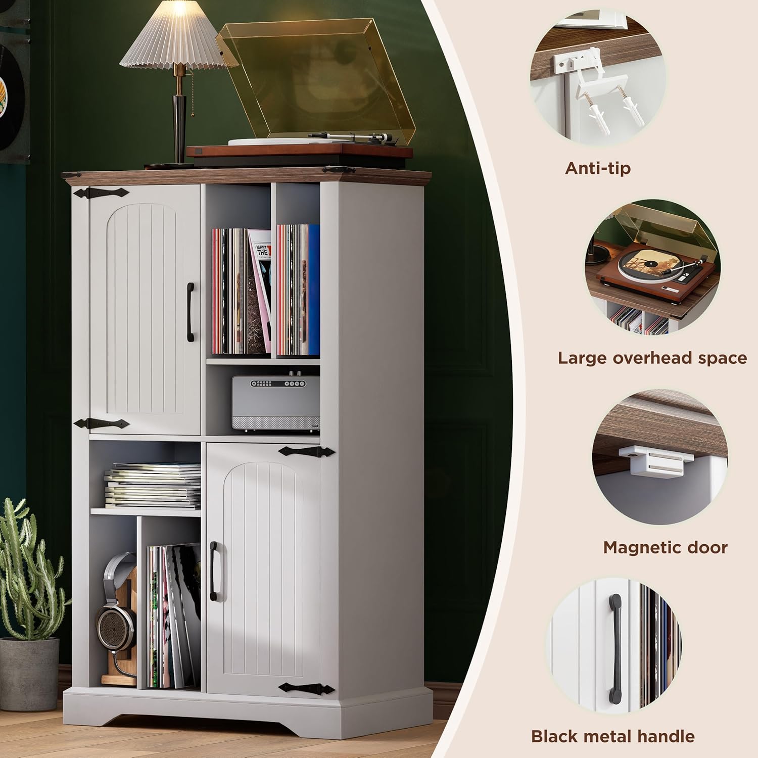 Maupvit Record Player Stand with Vinyl Storage Cabinet, 47" Wood Turntable Table Open and Closed Shelf Holder, 400+ Albums Cube Storage Organizer for Living Room, Office,White