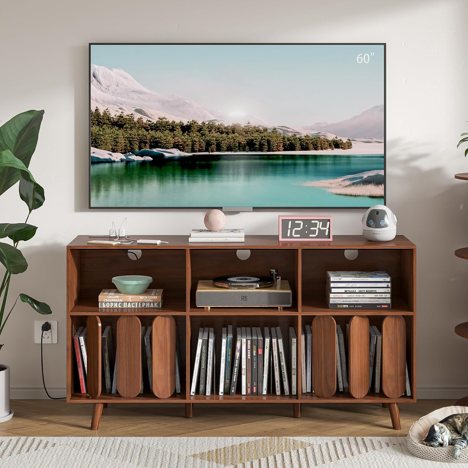 Large Record Player Stand, Vinyl Record Storage Holder, Record Player Table with Power Outlet, Record Storage Turntable Stand Record Stand Table (Walnut, 55.11''W)