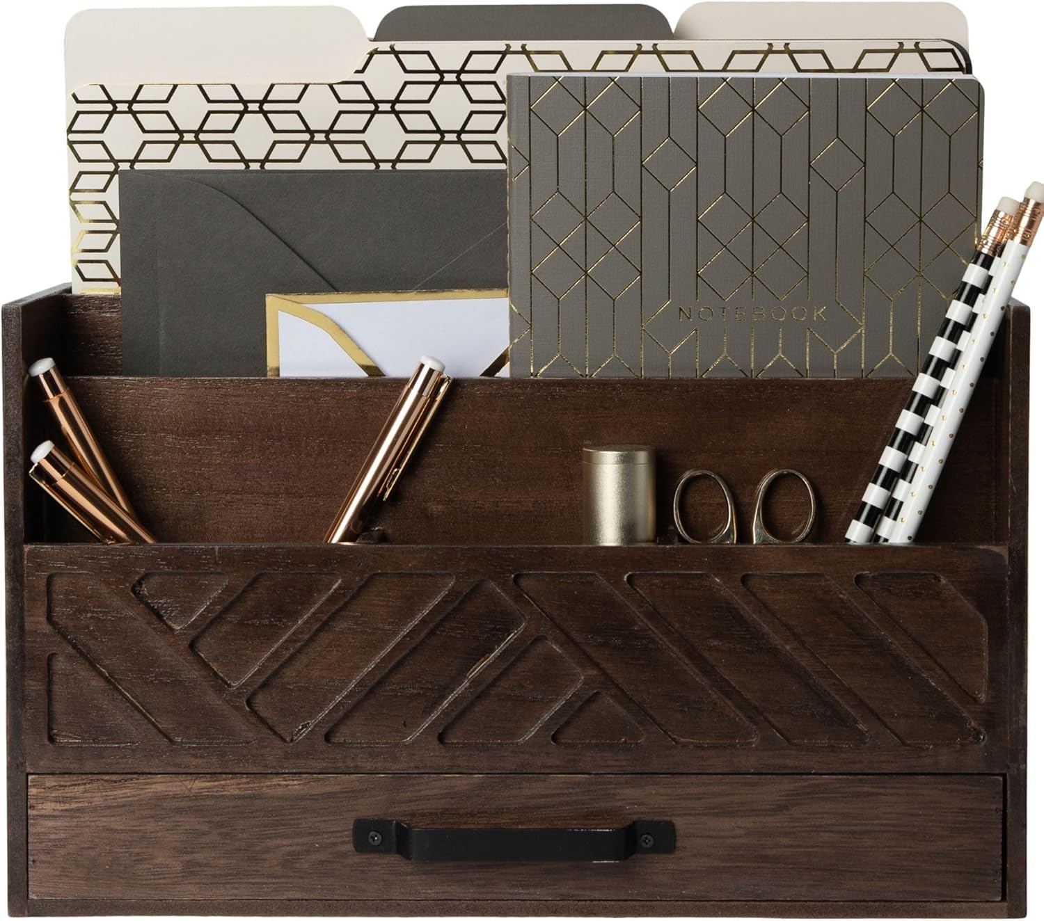 BLU MONACO Mail Organizer for Desk – Brown Wooden Mail Sorter with Drawer and 6 Compartments – Rustic Letter Organizer with Black Handle – Desktop File Holder for Home Office, Entryway, or Kitchen