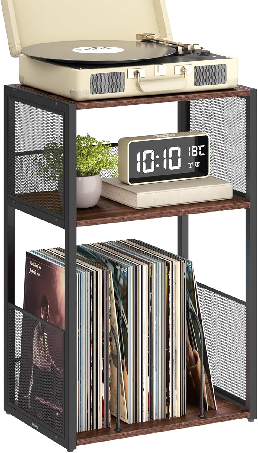 VASAGLE Record Player Stand, 3-Tier Side Table, Vinyl Record Storage up to 100 Albums, End Table for Living Room, Bedroom, Rustic White ULET275W01