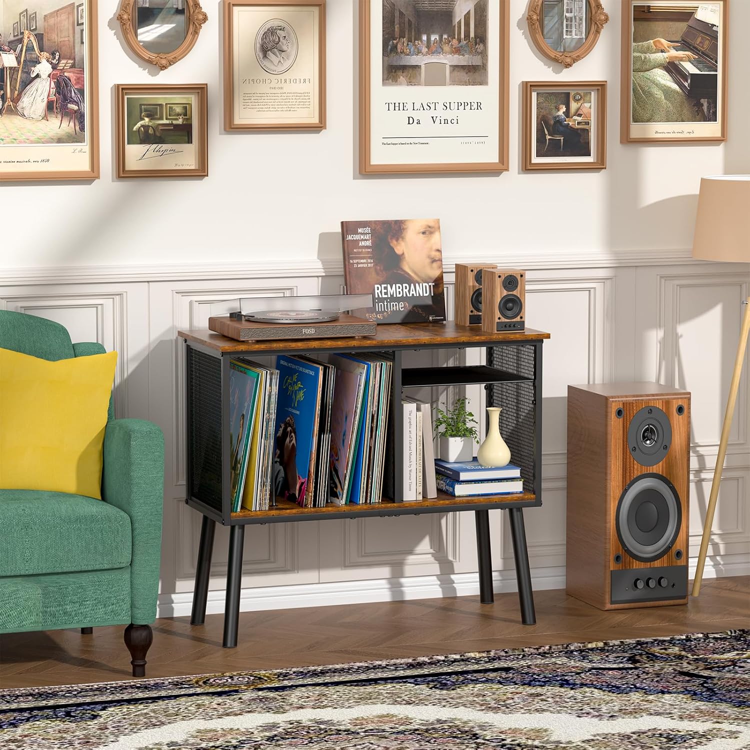 Record Player Stand with Adjustable Divider, Vinyl Storage Holder Up to 200 Albums, Mid-Century Large Record Player Table, Vinyl Holder Turntable Stand End Table Storage Rack for Bedroom & Living Room