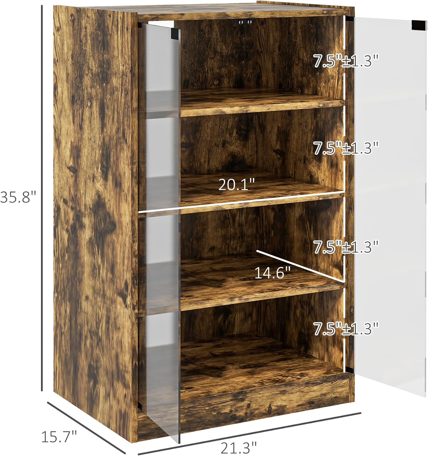 HOMCOM Media Cabinet, 4-Tier Stereo Cabinet, Record Player Stand with Vinyl Record Storage, Adjustable Shelves, Tempered Glass Doors and Cable Management, Rustic Brown