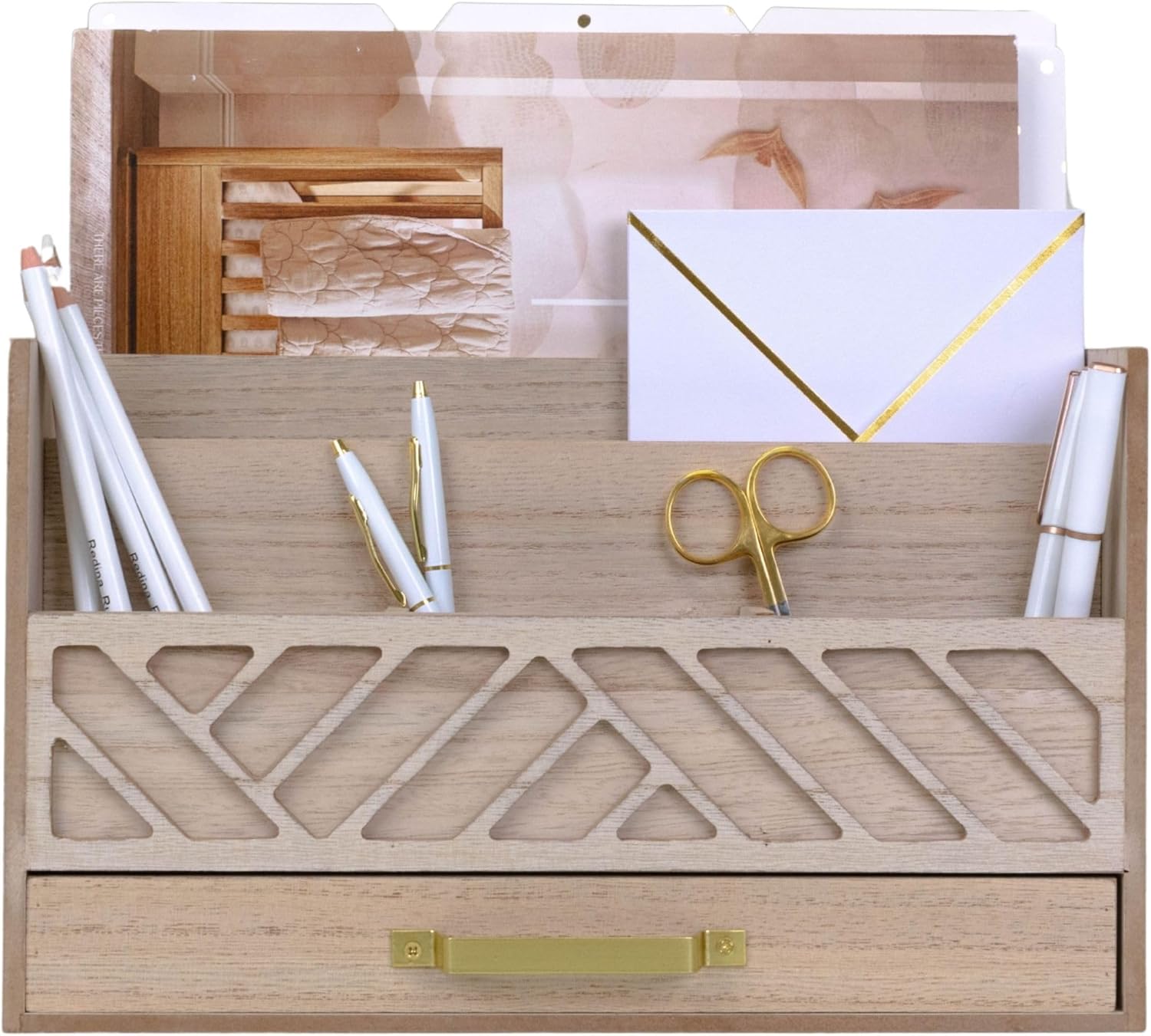 BLU MONACO Mail Organizer for Desk – Brown Wooden Mail Sorter with Drawer and 6 Compartments – Rustic Letter Organizer with Black Handle – Desktop File Holder for Home Office, Entryway, or Kitchen
