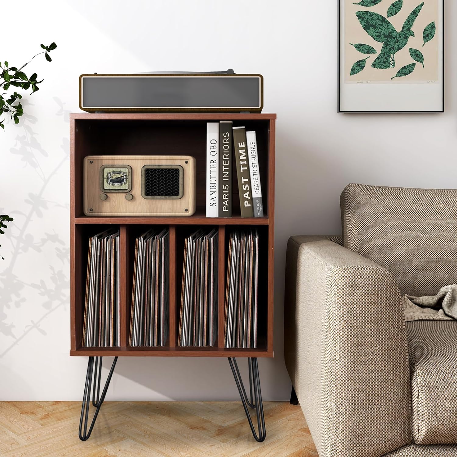 Giantex Record Player Stand, Turntable Stand Holds up to 150 Albums, Mid-Century Vinyl Storage Cabinet Table with Metal Legs, Record Player Holder End Table for Bedroom Living Room, Brown