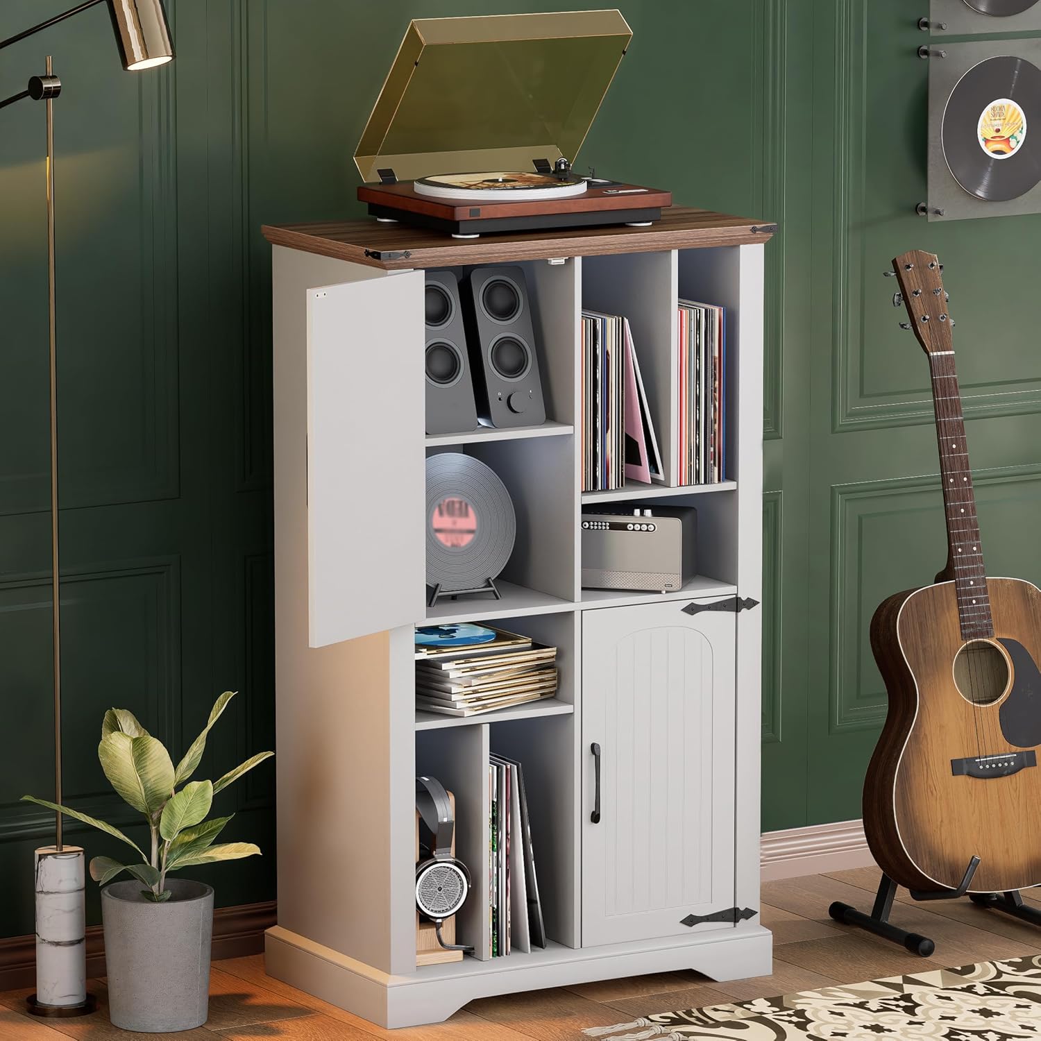 Maupvit Record Player Stand with Vinyl Storage Cabinet, 47" Wood Turntable Table Open and Closed Shelf Holder, 400+ Albums Cube Storage Organizer for Living Room, Office,White