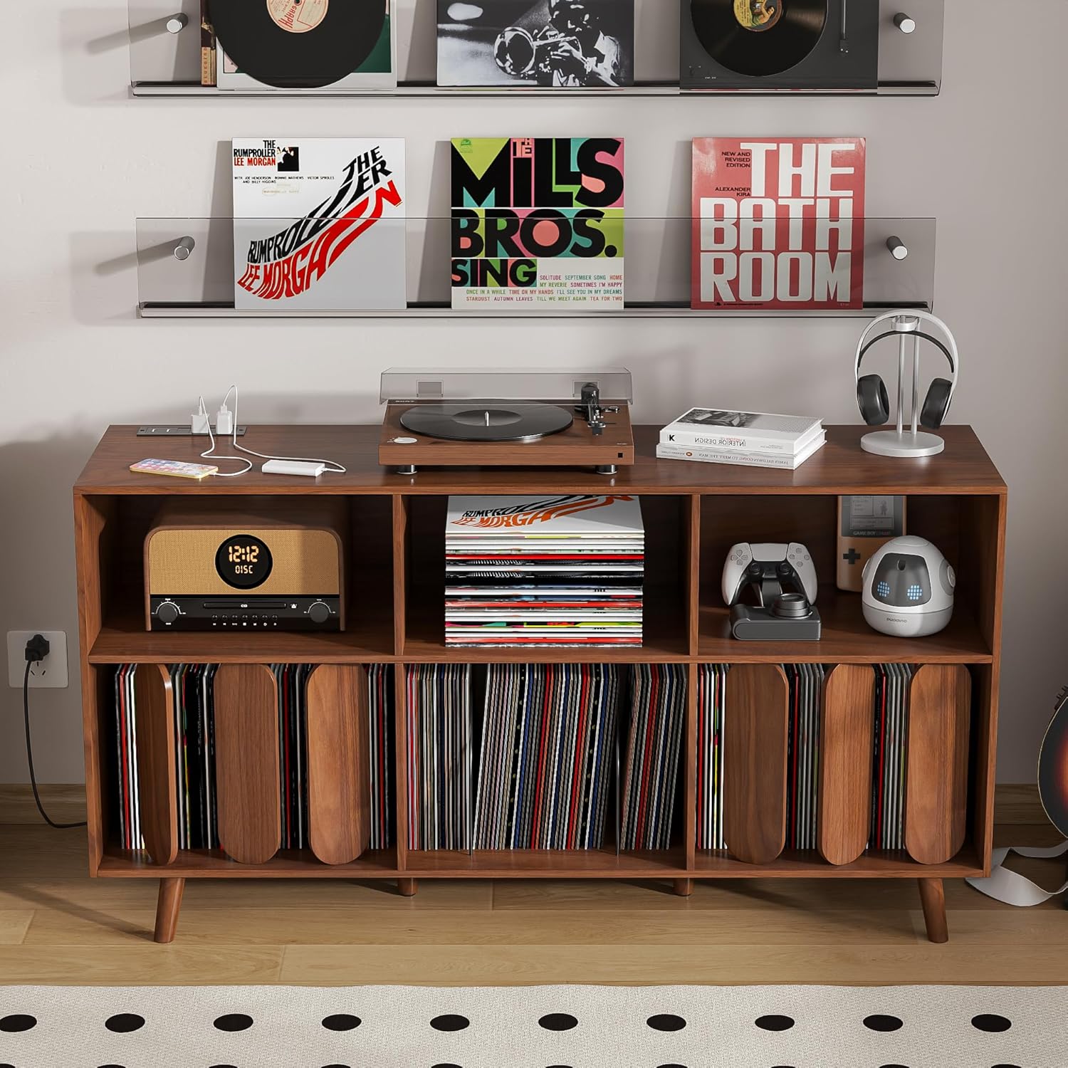 Large Record Player Stand, Vinyl Record Storage Holder, Record Player Table with Power Outlet, Record Storage Turntable Stand Record Stand Table (Walnut, 55.11''W)