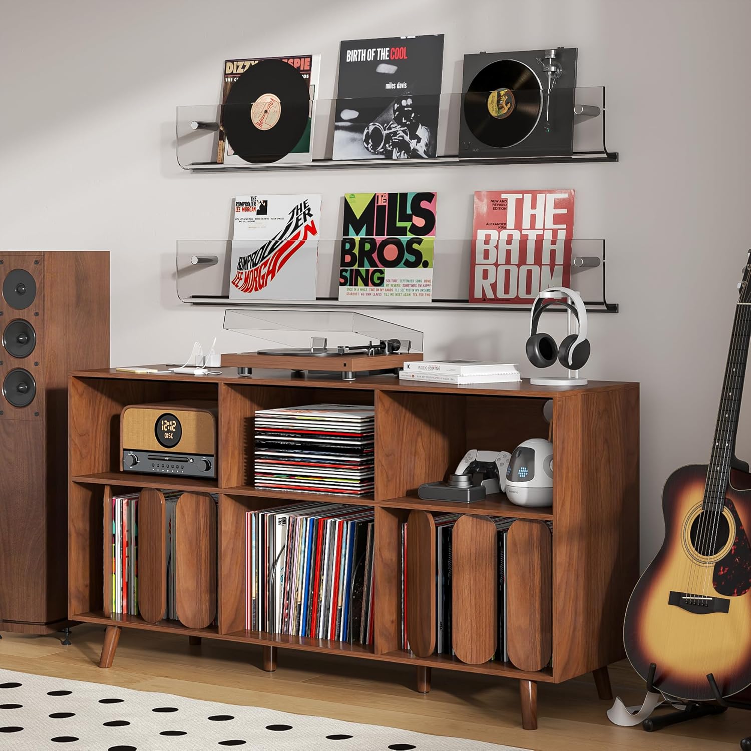 Large Record Player Stand, Vinyl Record Storage Holder, Record Player Table with Power Outlet, Record Storage Turntable Stand Record Stand Table (Walnut, 55.11''W)