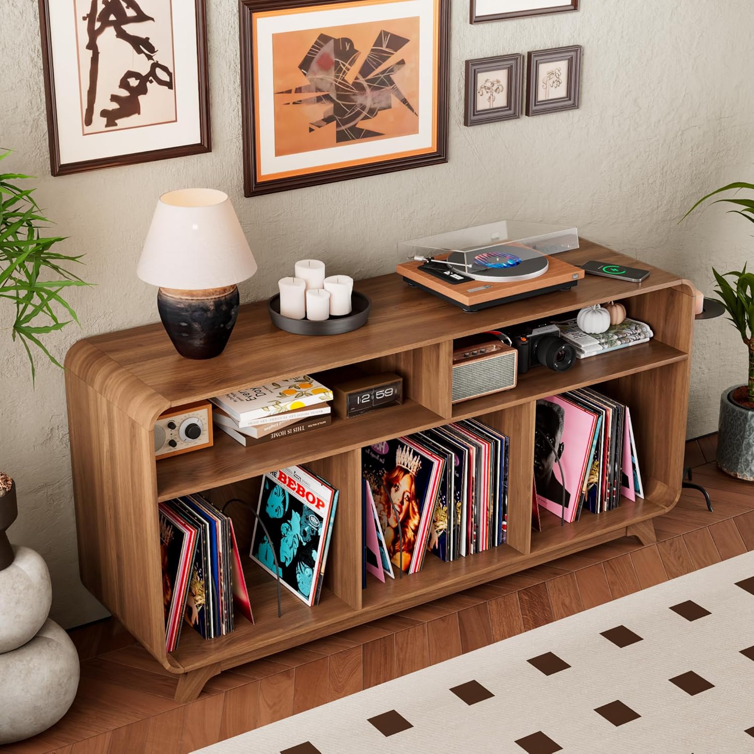 Record Player Stand with Vinyl Storage Cabinet with Charging Station & USB Ports, Turntable Stand Table Holds Up to 350 Albums, Curved Vinyl Record Cabinet for Living Room (Walnut, 55-inch)