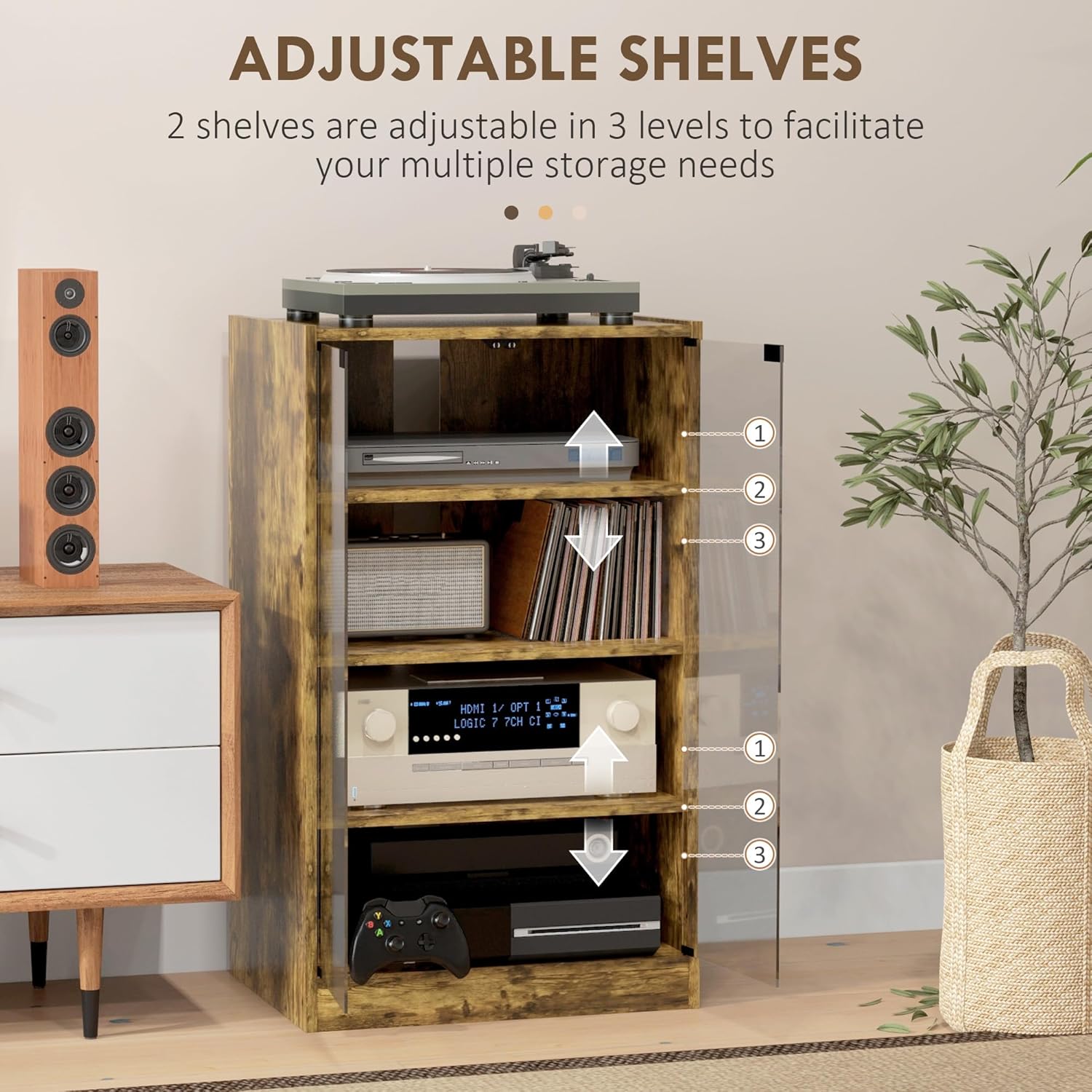 HOMCOM Media Cabinet, 4-Tier Stereo Cabinet, Record Player Stand with Vinyl Record Storage, Adjustable Shelves, Tempered Glass Doors and Cable Management, Rustic Brown