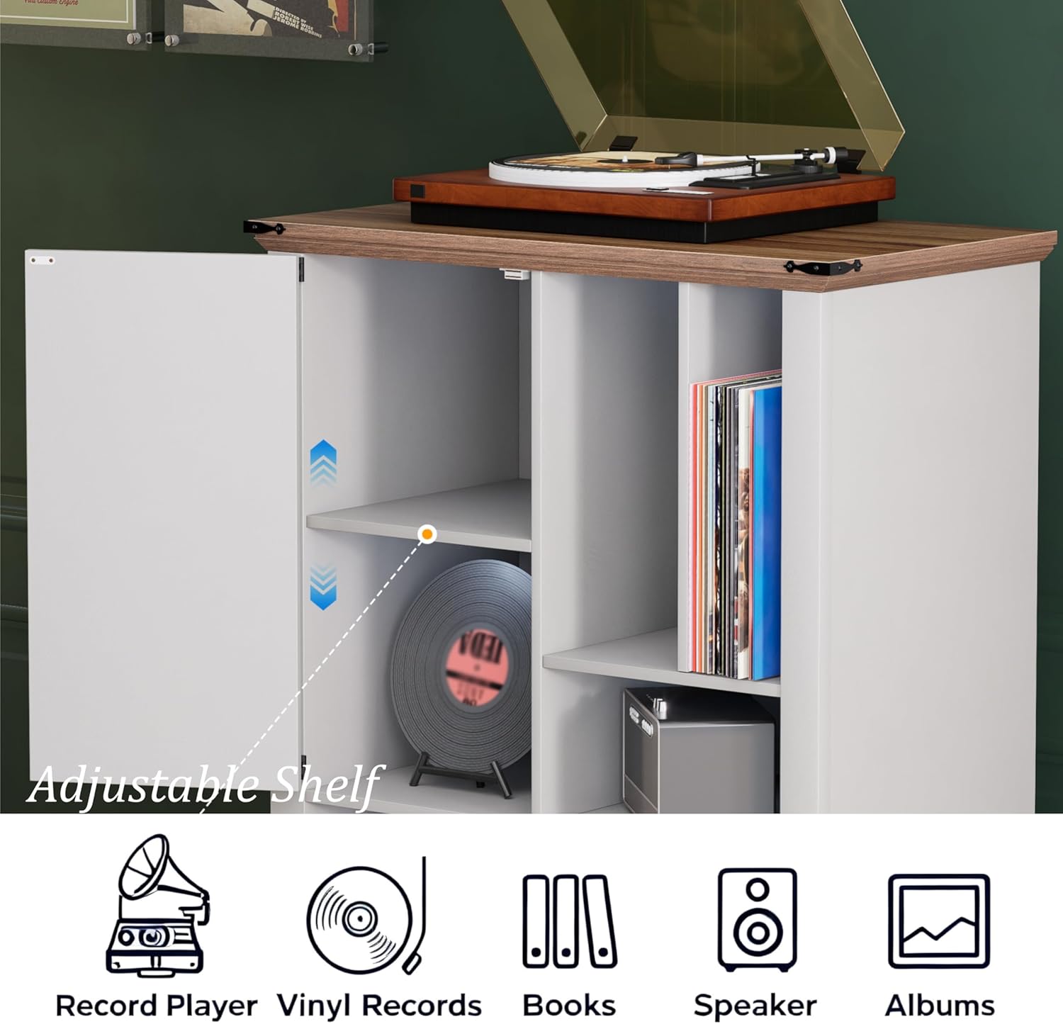 Maupvit Record Player Stand with Vinyl Storage Cabinet, 47" Wood Turntable Table Open and Closed Shelf Holder, 400+ Albums Cube Storage Organizer for Living Room, Office,White