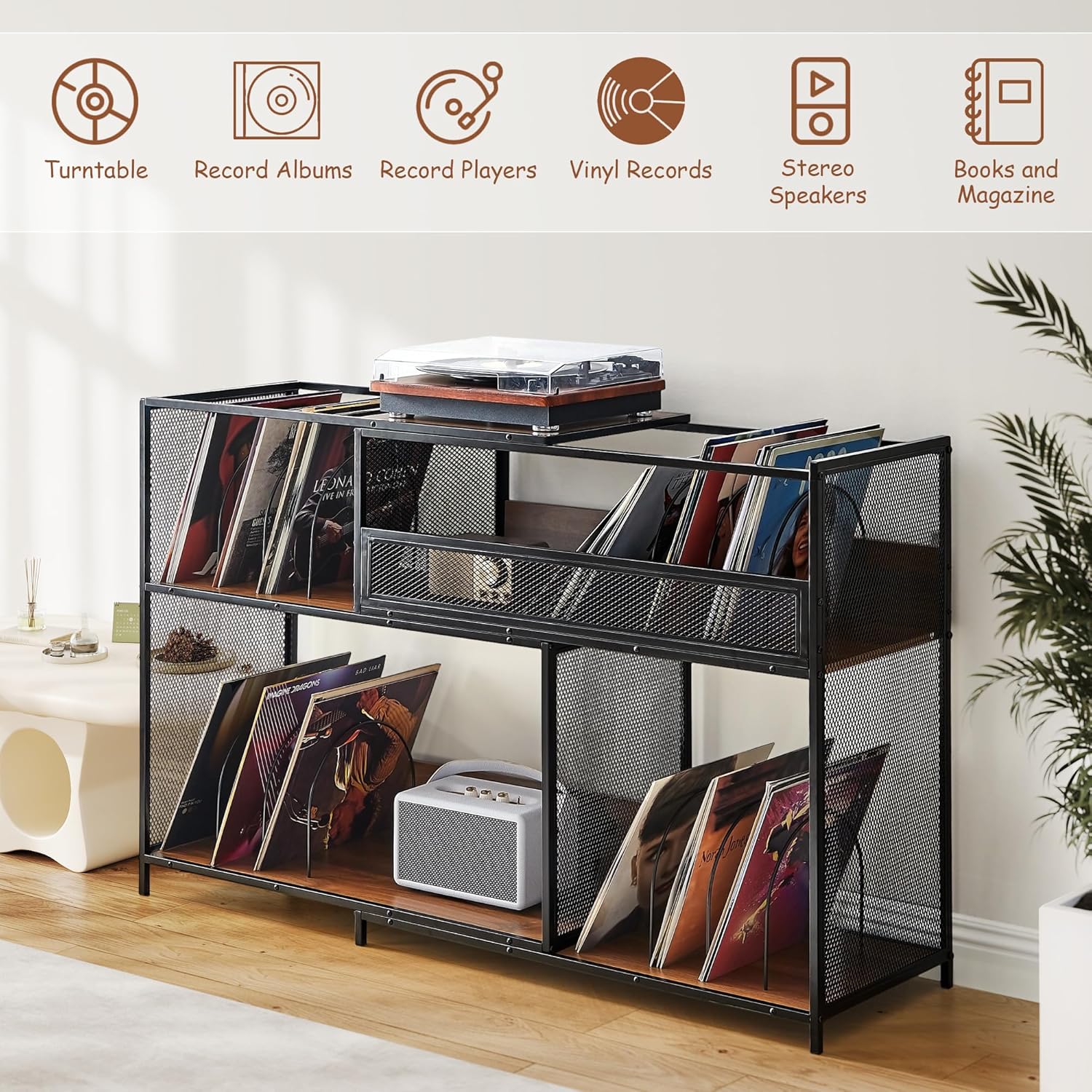 3-Tier Record Player Stand with Vinyl Storage, Stretchable 32-63'' Corner Vinyl Display Shelf Up to 450 Albums, Large Turntable Stand Table with Record Holder for Living Room