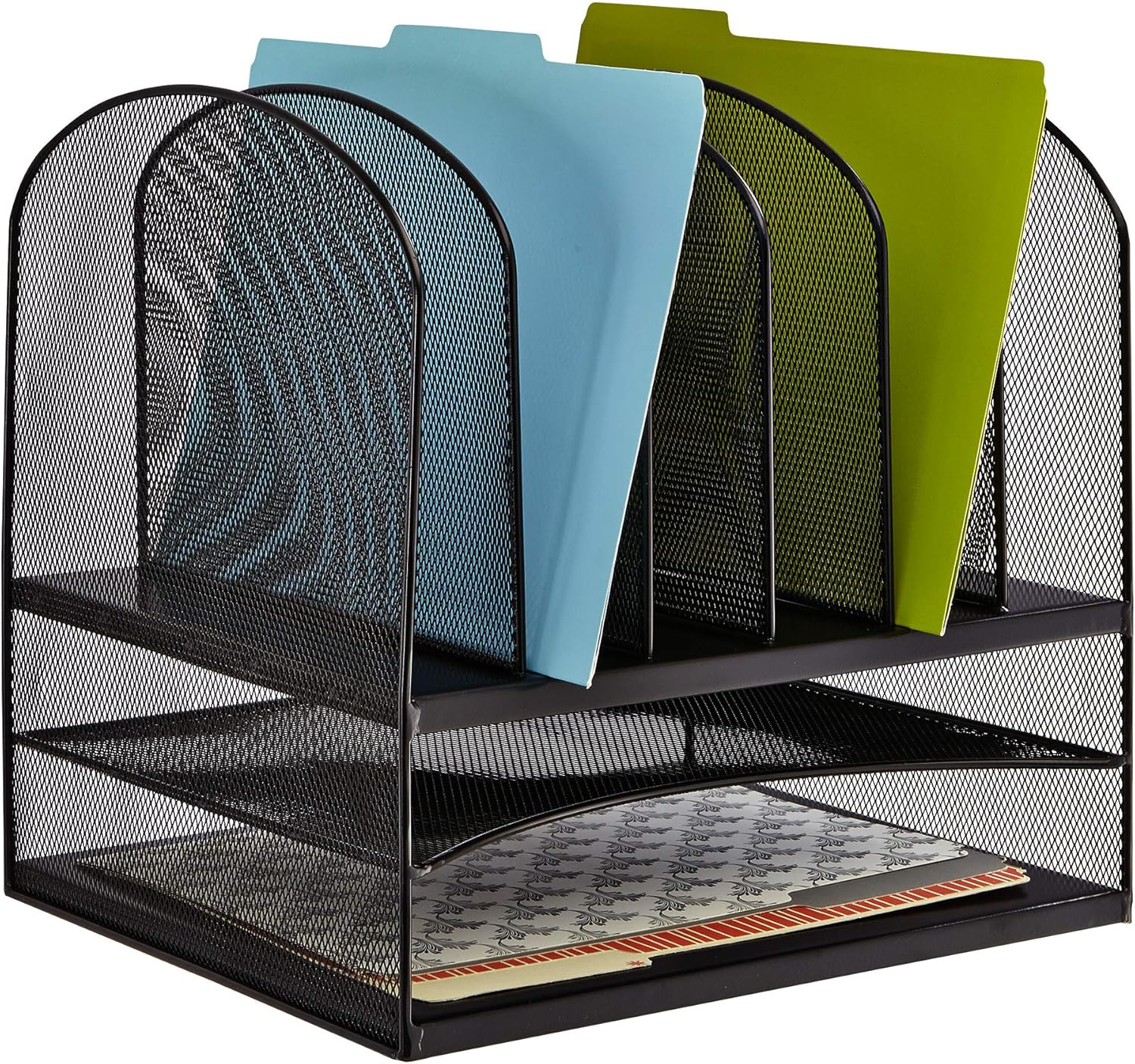 Safco Onyx Desk Organizer, 6 Vertical Compartments and 2 Trays, Office and Classroom Mailbox , Paper and Mail Sorter, Steel Mesh, Black