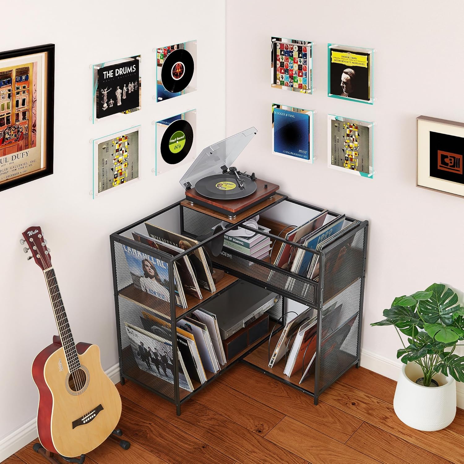 3-Tier Record Player Stand with Vinyl Storage, Stretchable 32-63'' Corner Vinyl Display Shelf Up to 450 Albums, Large Turntable Stand Table with Record Holder for Living Room