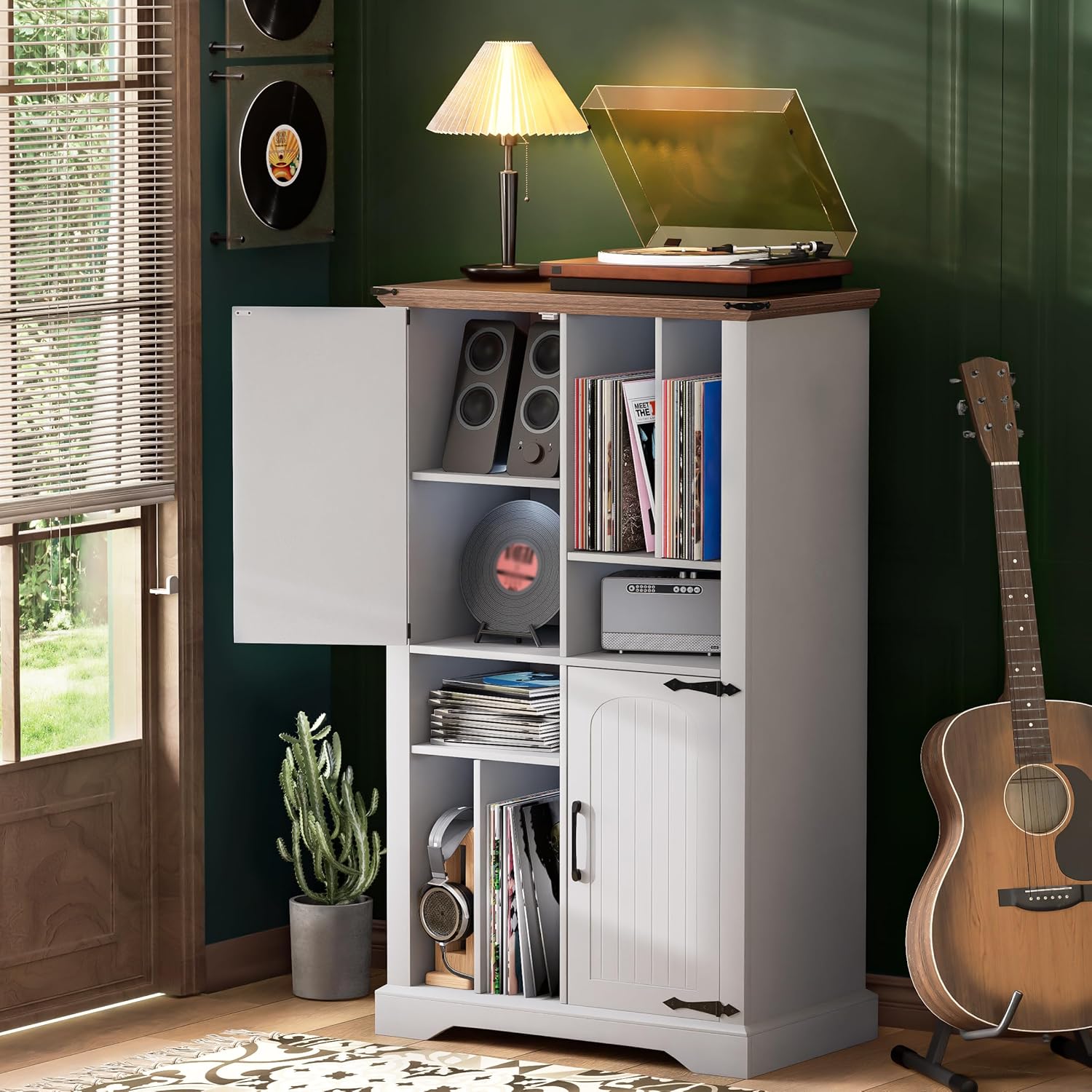 Maupvit Record Player Stand with Vinyl Storage Cabinet, 47" Wood Turntable Table Open and Closed Shelf Holder, 400+ Albums Cube Storage Organizer for Living Room, Office,White