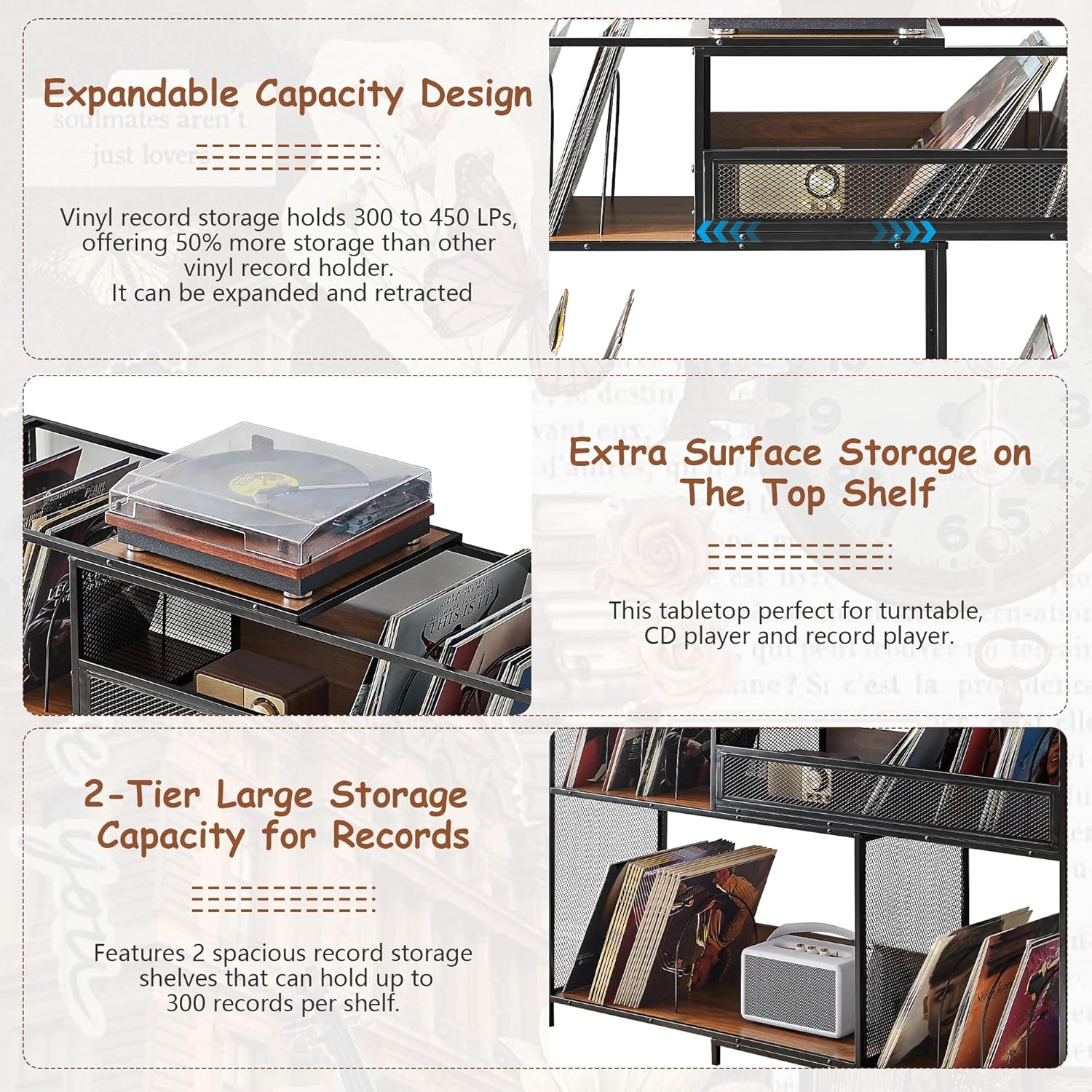 3-Tier Record Player Stand with Vinyl Storage, Stretchable 32-63'' Corner Vinyl Display Shelf Up to 450 Albums, Large Turntable Stand Table with Record Holder for Living Room