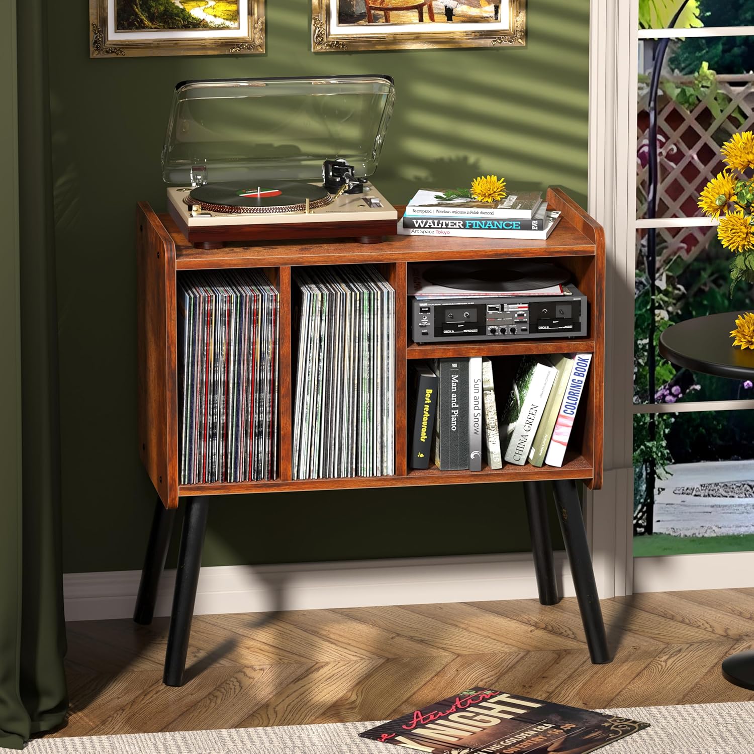Record Player Table, Mid-Century Record Player Stand with Vinyl Storage Hold Up to 150+ Albums, Vinyl Record Cabinet with Adjustable Shelves, Wood Turntable Stand for Music Living Room (Brown)