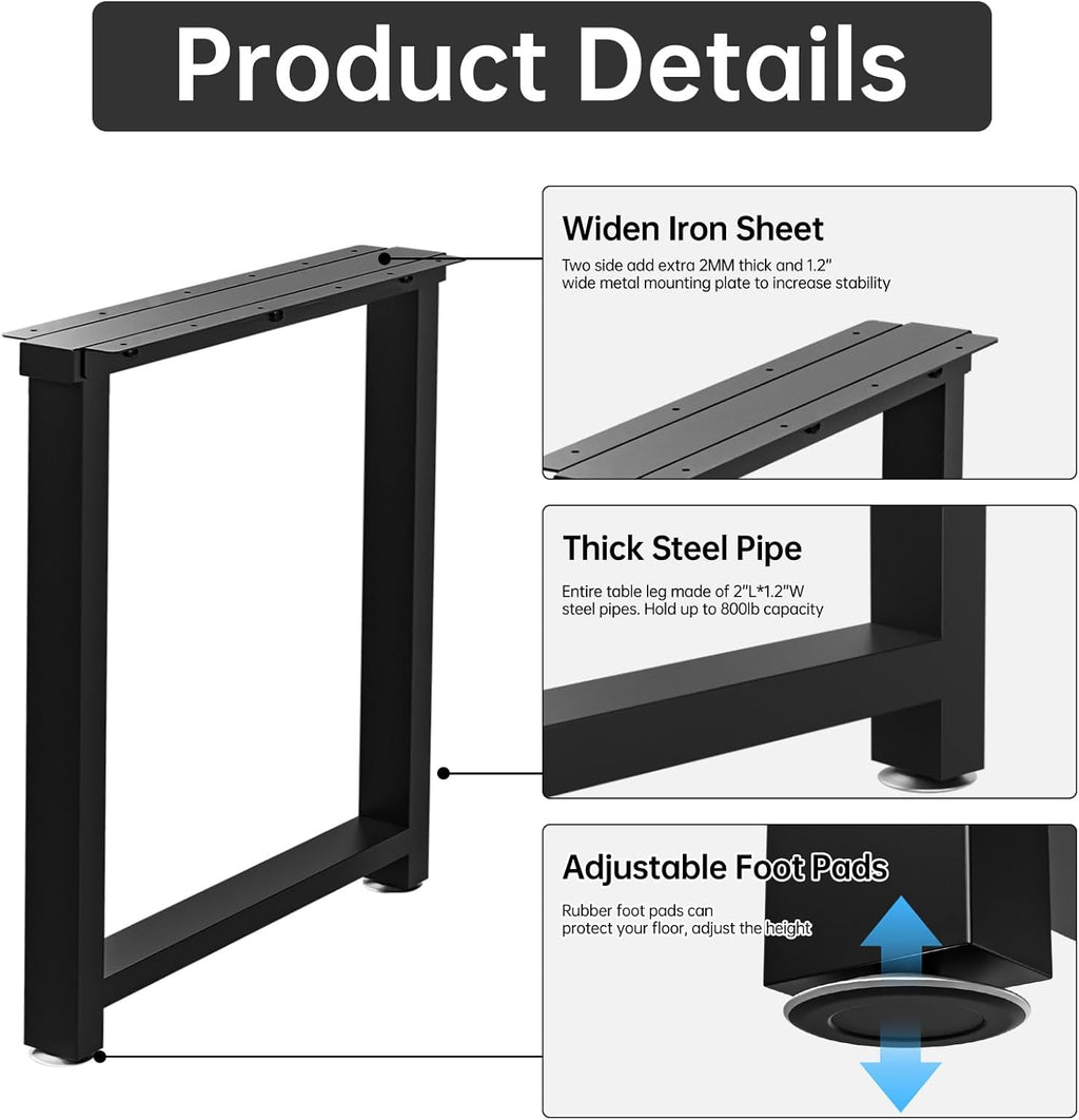 Metal Table Legs Heavy Duty, 28”H x 24”W, Metal Furniture Legs for Dining Desk Bench and Coffee Table, Industrial Black DIY Iron Bench Legs, Set of 2