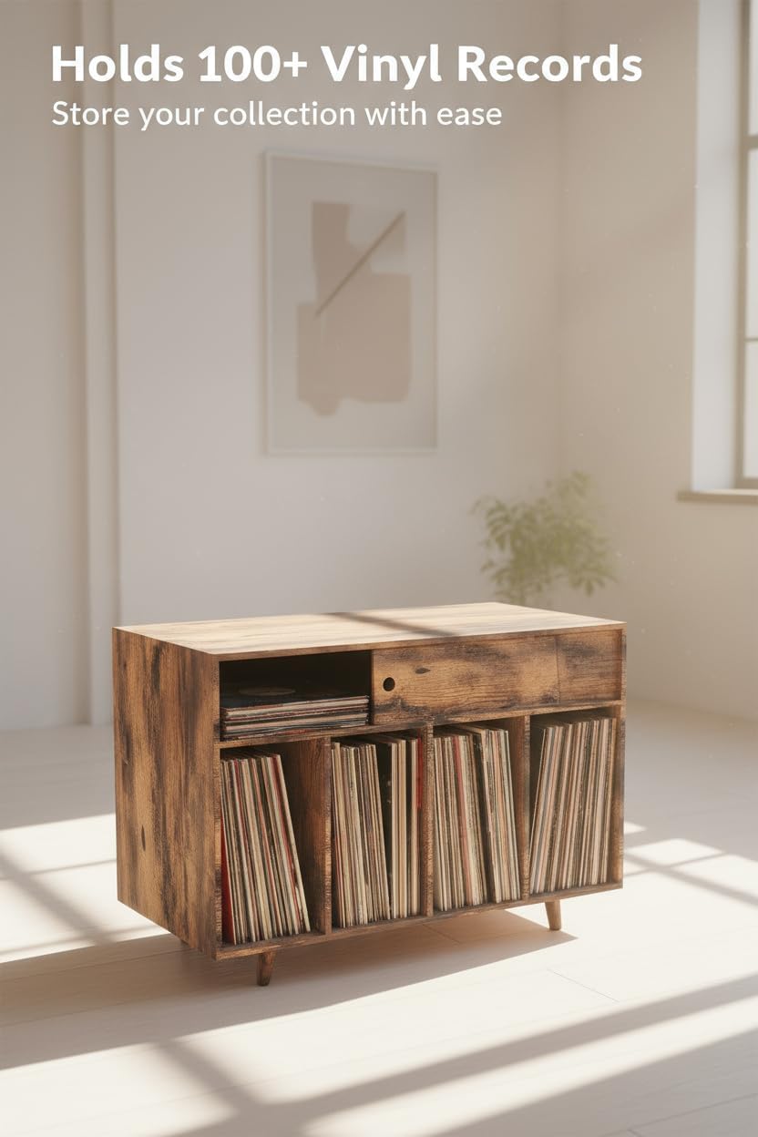 Record Player Stand – Large Record Player Stand with Vinyl Storage, Wood Turntable Stand, Vinyl Record Stand and Storage, Record Player Stand with Record Storage for Albums and Accessories