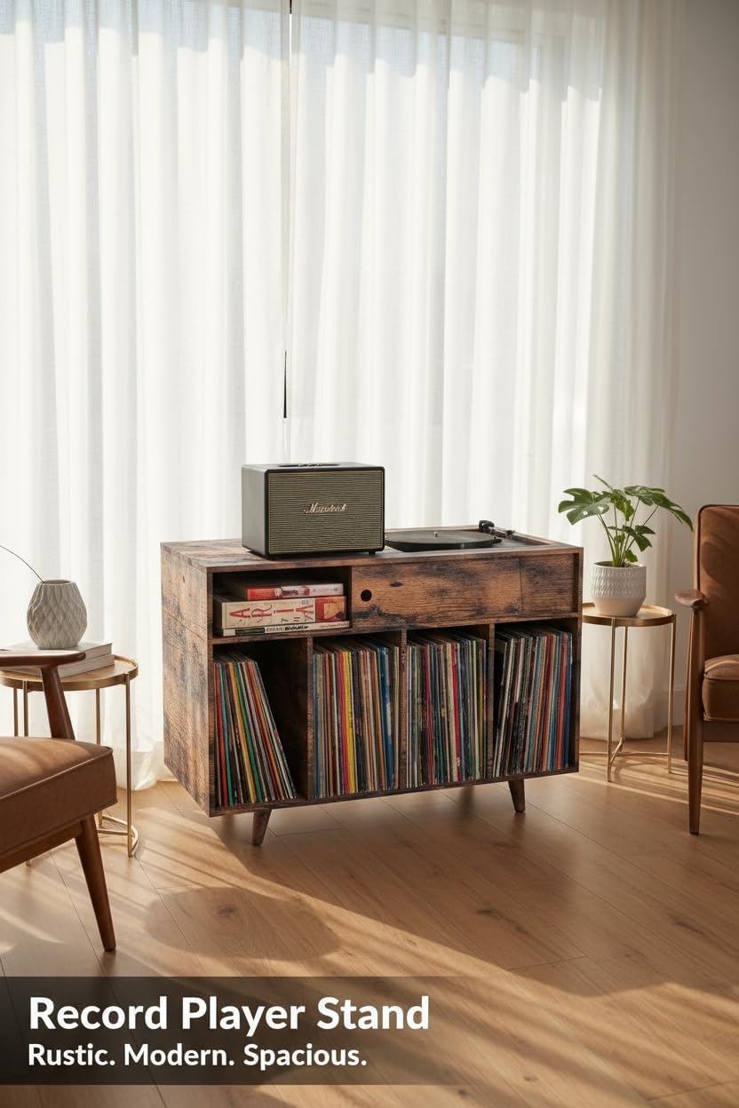 Record Player Stand – Large Record Player Stand with Vinyl Storage, Wood Turntable Stand, Vinyl Record Stand and Storage, Record Player Stand with Record Storage for Albums and Accessories