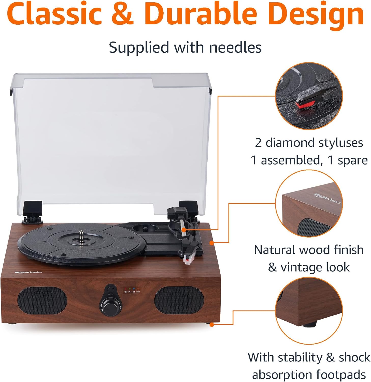 Amazon Basics Desktop Turntable Vinyl Record Player with Bluetooth and Built-in Speakers, 3-Speed, Black