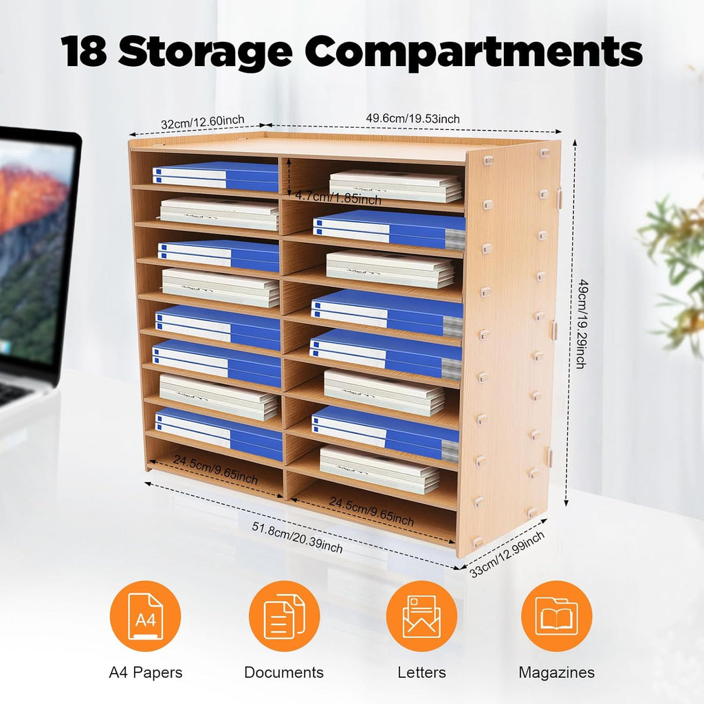 18 Slots Desktop Paper Mail Sorter Wood Office File Literature Organizer on Desk Floor, Paper Storage Cabinet Classroom Keepers Mailbox for Office Home School Mailrooms Organization