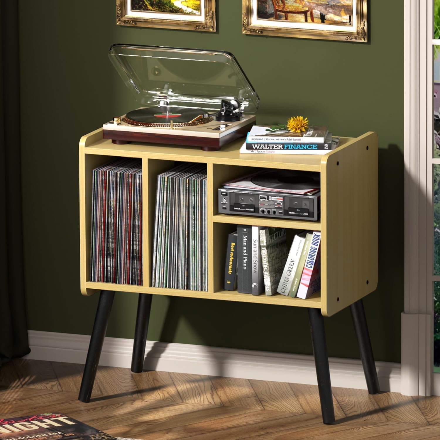 Record Player Table, Mid-Century Record Player Stand with Vinyl Storage Hold Up to 150+ Albums, Vinyl Record Cabinet with Adjustable Shelves, Wood Turntable Stand for Music Living Room (Brown)