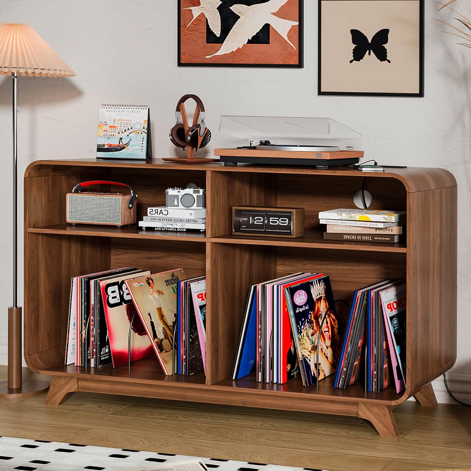 Record Player Stand with Vinyl Storage Cabinet with Charging Station & USB Ports, Turntable Stand Table Holds Up to 350 Albums, Curved Vinyl Record Cabinet for Living Room (Walnut, 55-inch)