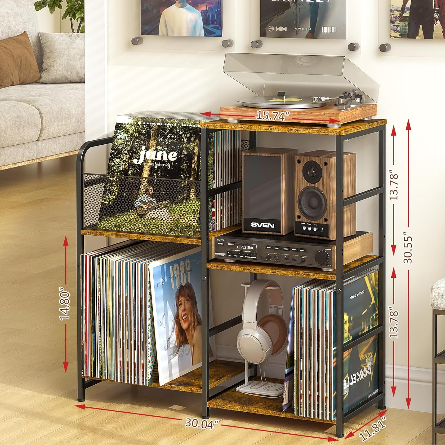 Record Player Stand, Turntable Stand with Vinyl Storage Holds up to 300+ Albums, Storage Cabinet for Vinyl Records, Record Player Table for Living Room