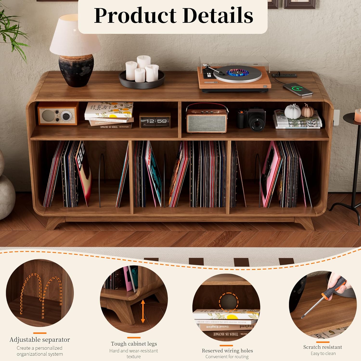 Record Player Stand with Vinyl Storage Cabinet with Charging Station & USB Ports, Turntable Stand Table Holds Up to 350 Albums, Curved Vinyl Record Cabinet for Living Room (Walnut, 55-inch)