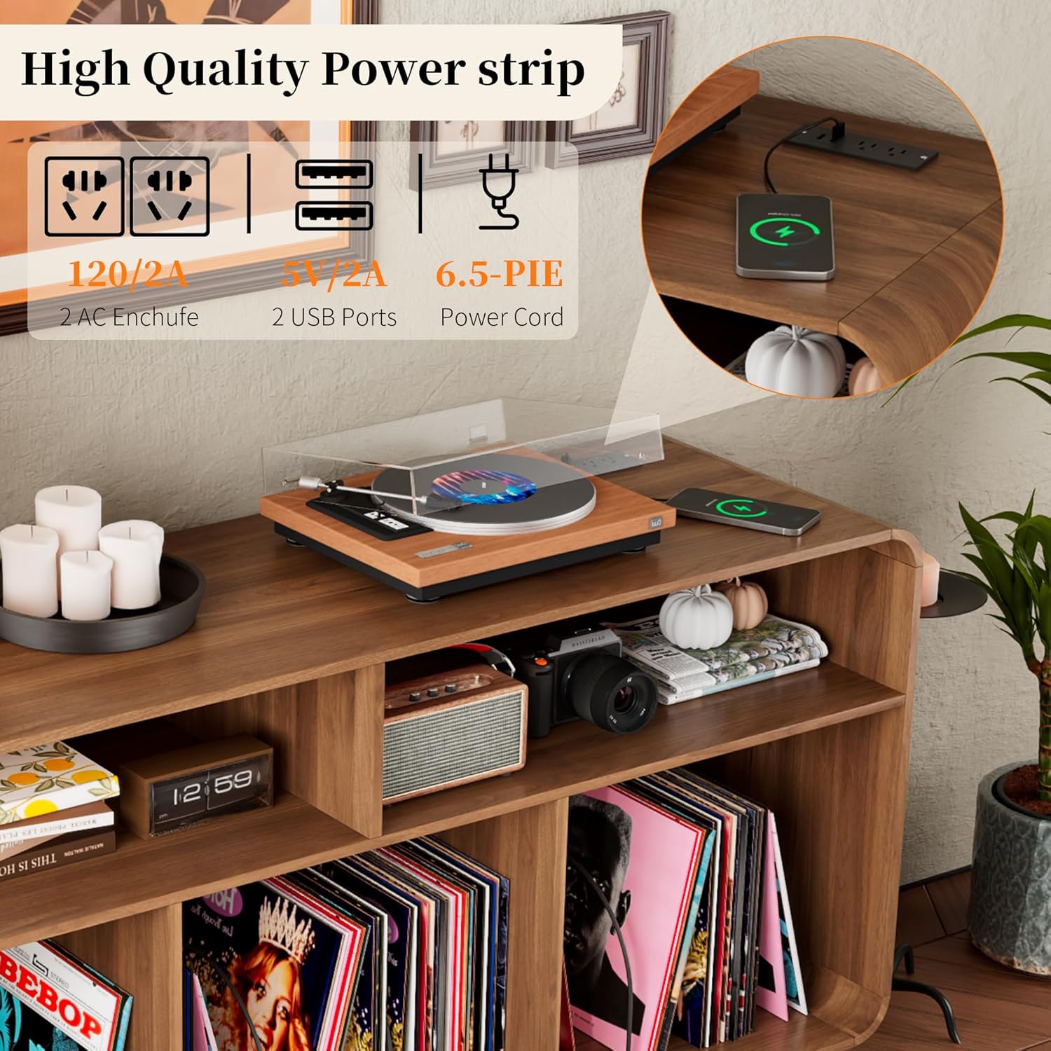 Record Player Stand with Vinyl Storage Cabinet with Charging Station & USB Ports, Turntable Stand Table Holds Up to 350 Albums, Curved Vinyl Record Cabinet for Living Room (Walnut, 55-inch)
