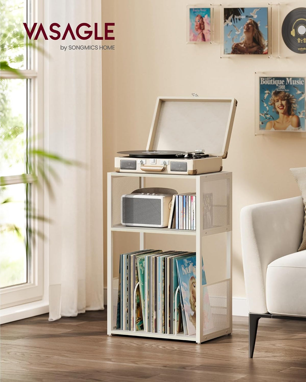 VASAGLE Record Player Stand, 3-Tier Side Table, Vinyl Record Storage up to 100 Albums, End Table for Living Room, Bedroom, Rustic White ULET275W01