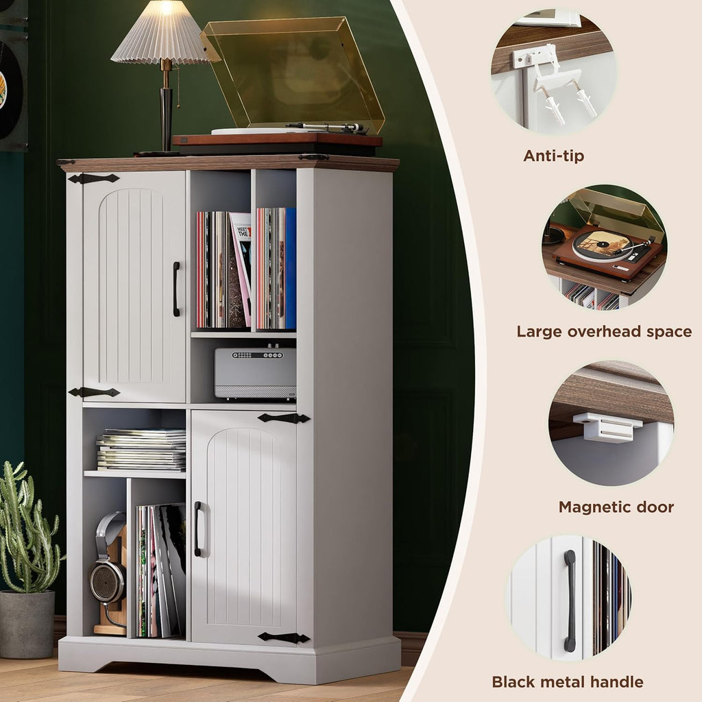 Maupvit Record Player Stand with Vinyl Storage Cabinet, 47" Wood Turntable Table Open and Closed Shelf Holder, 400+ Albums Cube Storage Organizer for Living Room, Office,White