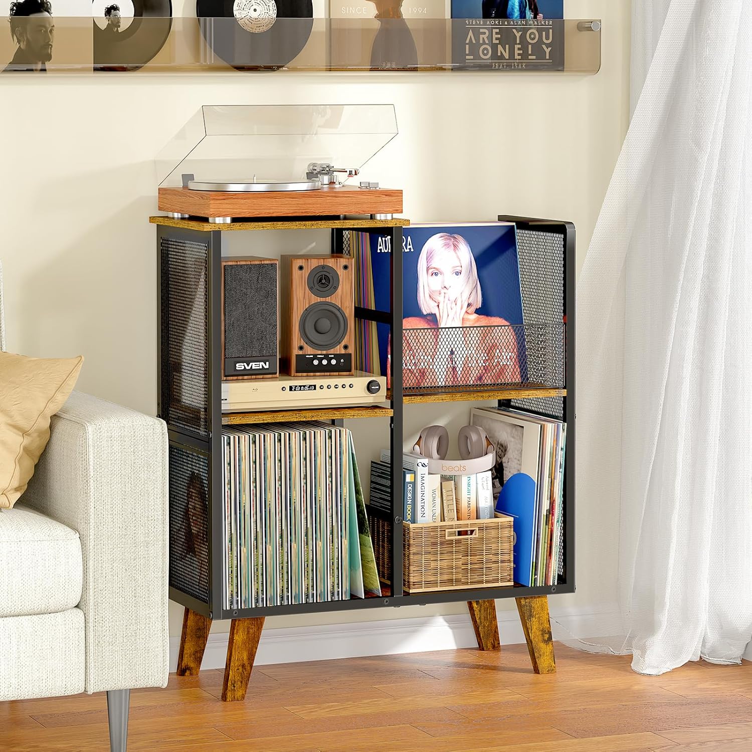 Record Player Stand, Turntable Stand with Vinyl Storage Holds up to 300+ Albums, Storage Cabinet for Vinyl Records, Record Player Table for Living Room
