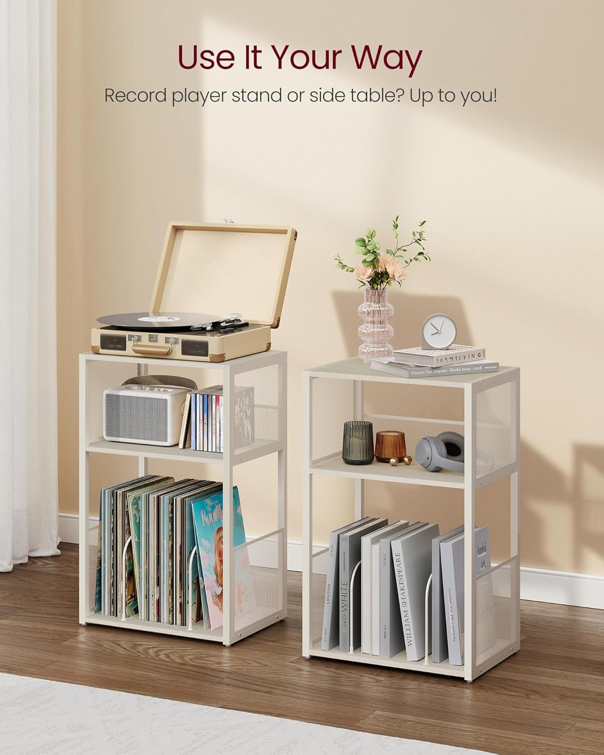 VASAGLE Record Player Stand, 3-Tier Side Table, Vinyl Record Storage up to 100 Albums, End Table for Living Room, Bedroom, Rustic White ULET275W01