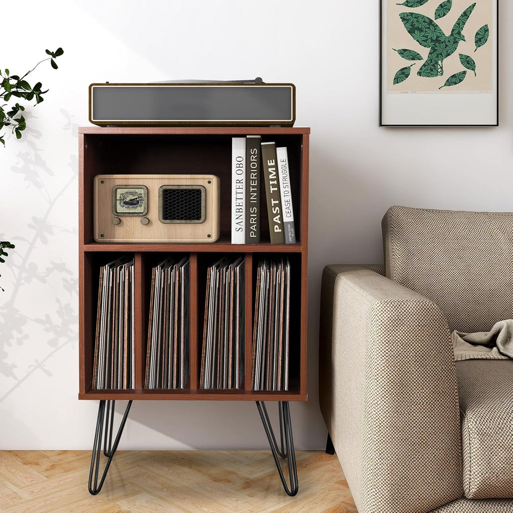 Giantex Record Player Stand, Turntable Stand Holds up to 150 Albums, Mid-Century Vinyl Storage Cabinet Table with Metal Legs, Record Player Holder End Table for Bedroom Living Room, Brown