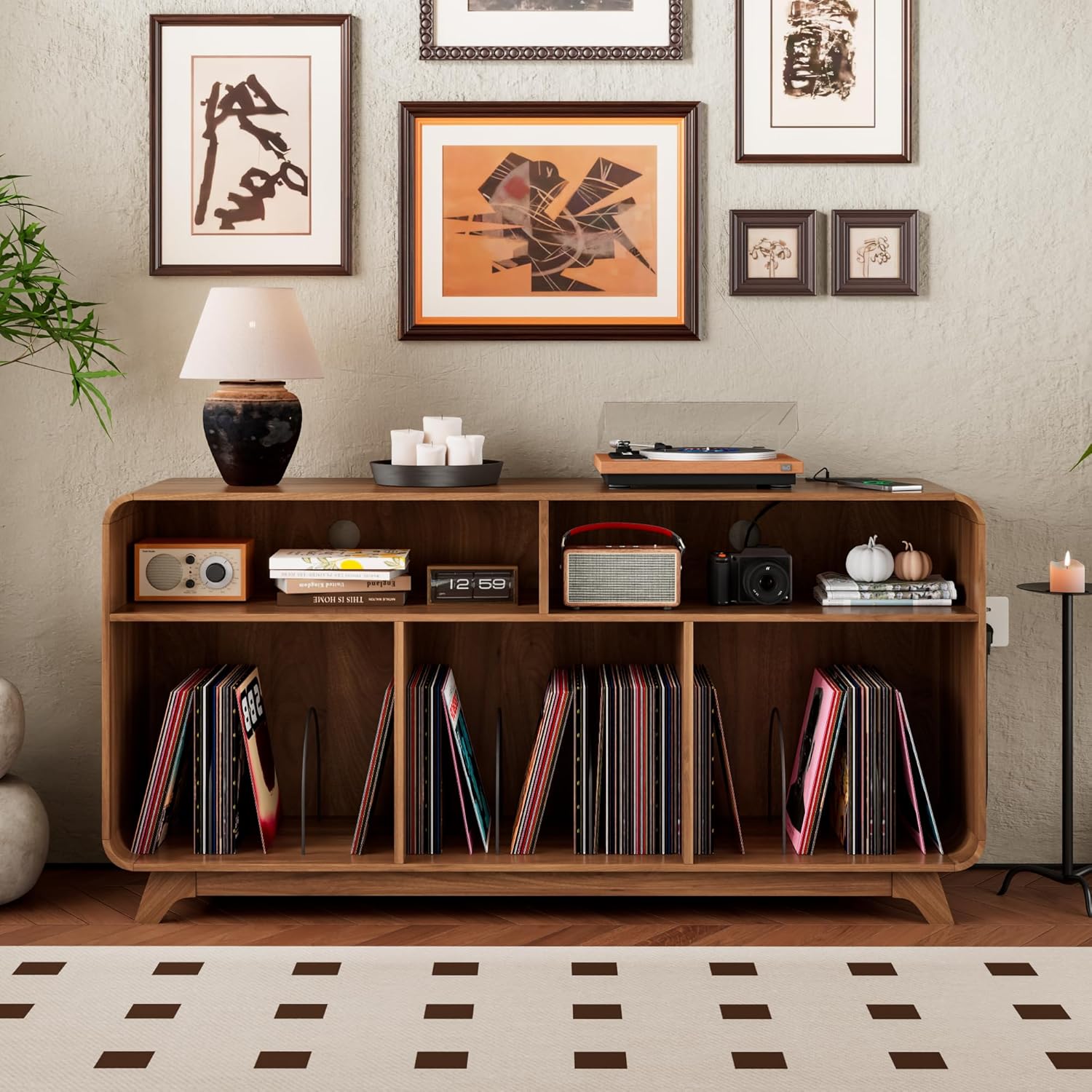 Record Player Stand with Vinyl Storage Cabinet with Charging Station & USB Ports, Turntable Stand Table Holds Up to 350 Albums, Curved Vinyl Record Cabinet for Living Room (Walnut, 55-inch)