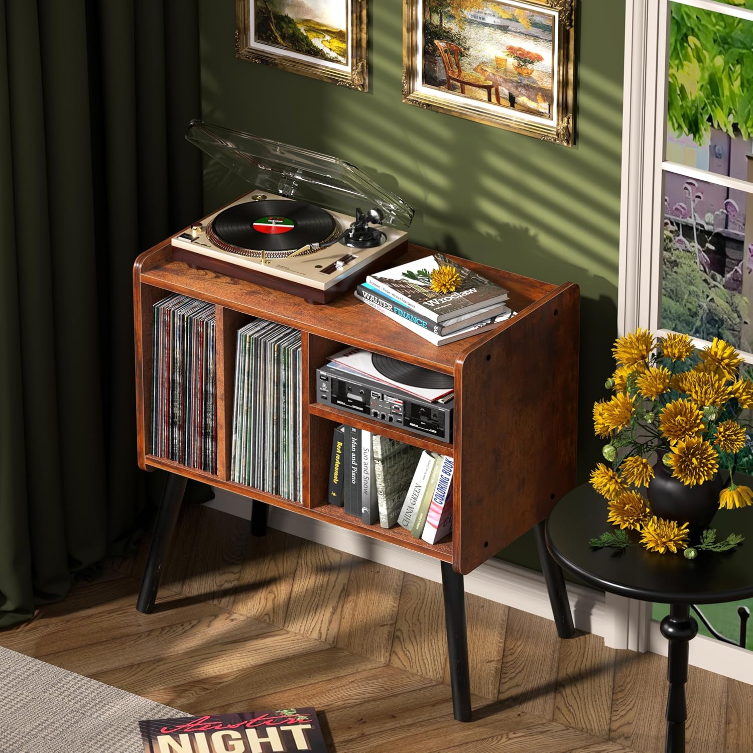 Record Player Table, Mid-Century Record Player Stand with Vinyl Storage Hold Up to 150+ Albums, Vinyl Record Cabinet with Adjustable Shelves, Wood Turntable Stand for Music Living Room (Brown)