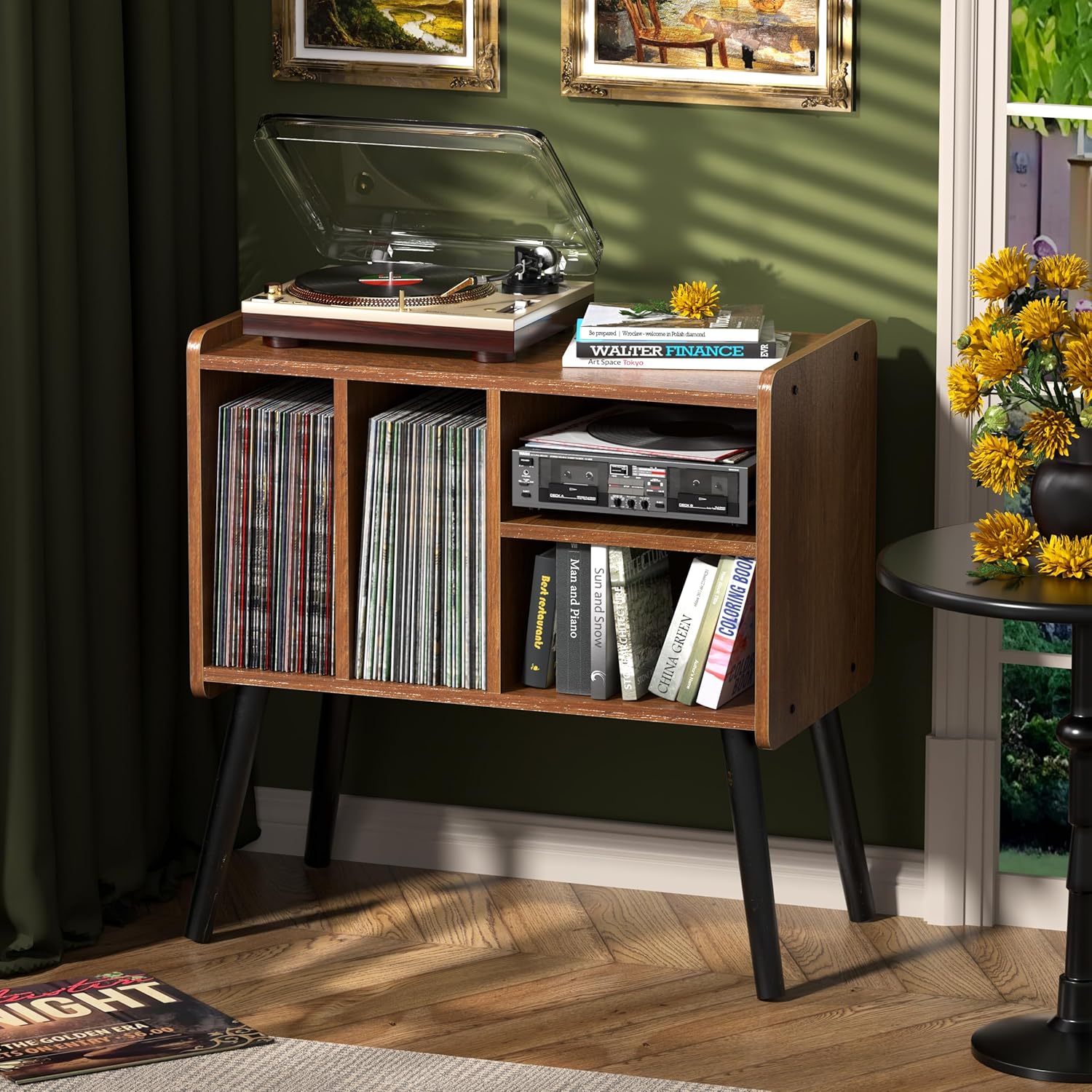 Record Player Table, Mid-Century Record Player Stand with Vinyl Storage Hold Up to 150+ Albums, Vinyl Record Cabinet with Adjustable Shelves, Wood Turntable Stand for Music Living Room (Brown)