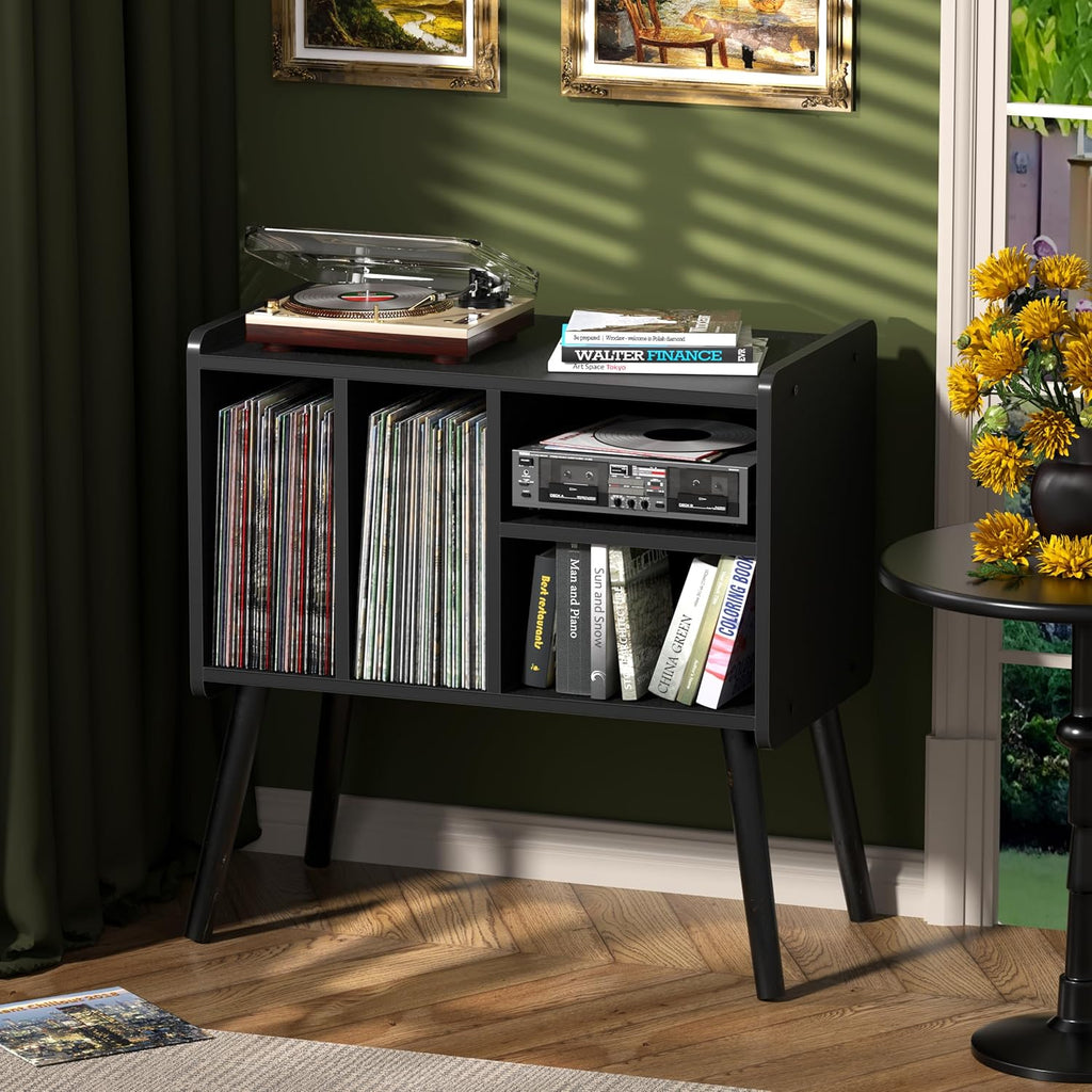 Record Player Table, Mid-Century Record Player Stand with Vinyl Storage Hold Up to 150+ Albums, Vinyl Record Cabinet with Adjustable Shelves, Wood Turntable Stand for Music Living Room (Brown)
