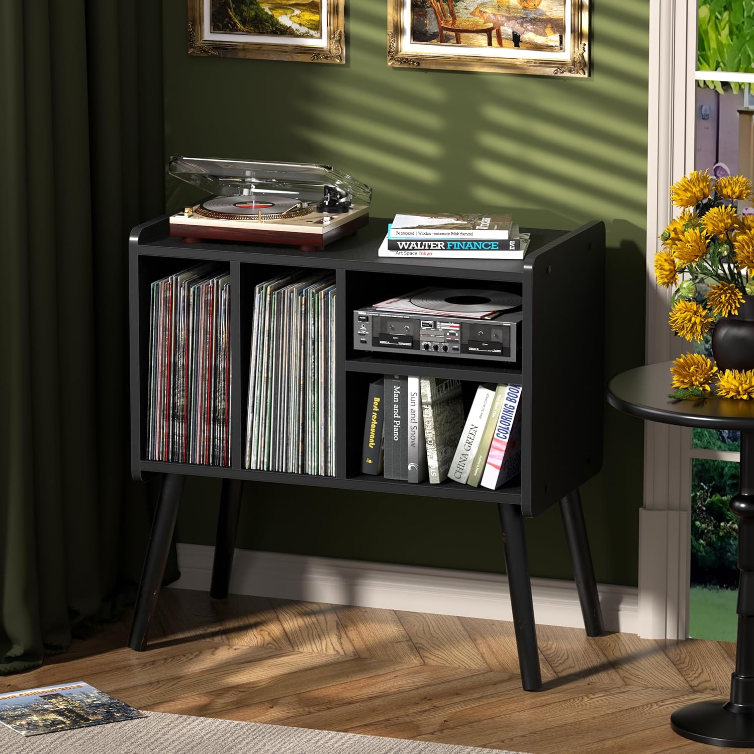 Record Player Table, Mid-Century Record Player Stand with Vinyl Storage Hold Up to 150+ Albums, Vinyl Record Cabinet with Adjustable Shelves, Wood Turntable Stand for Music Living Room (Brown)