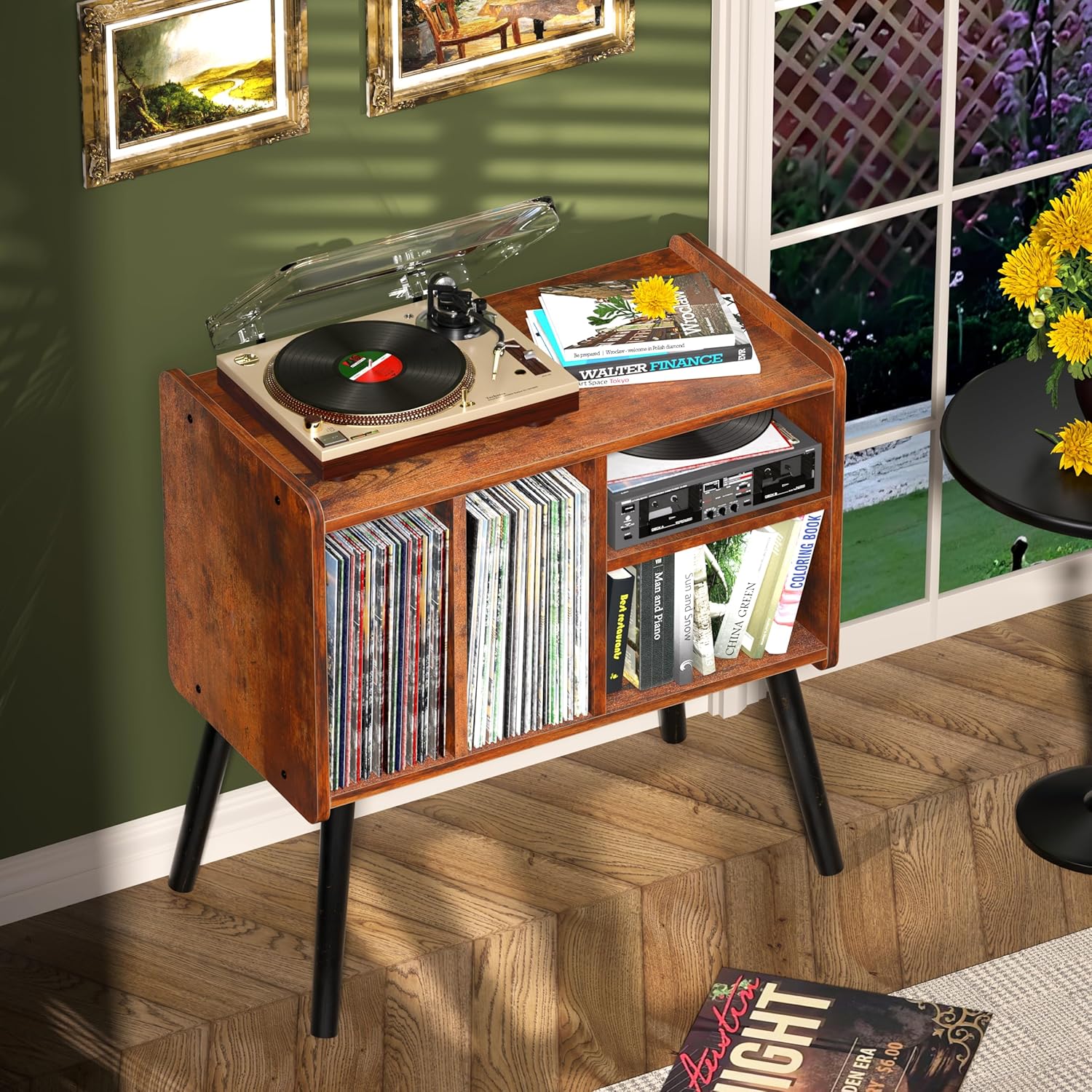Record Player Table, Mid-Century Record Player Stand with Vinyl Storage Hold Up to 150+ Albums, Vinyl Record Cabinet with Adjustable Shelves, Wood Turntable Stand for Music Living Room (Brown)