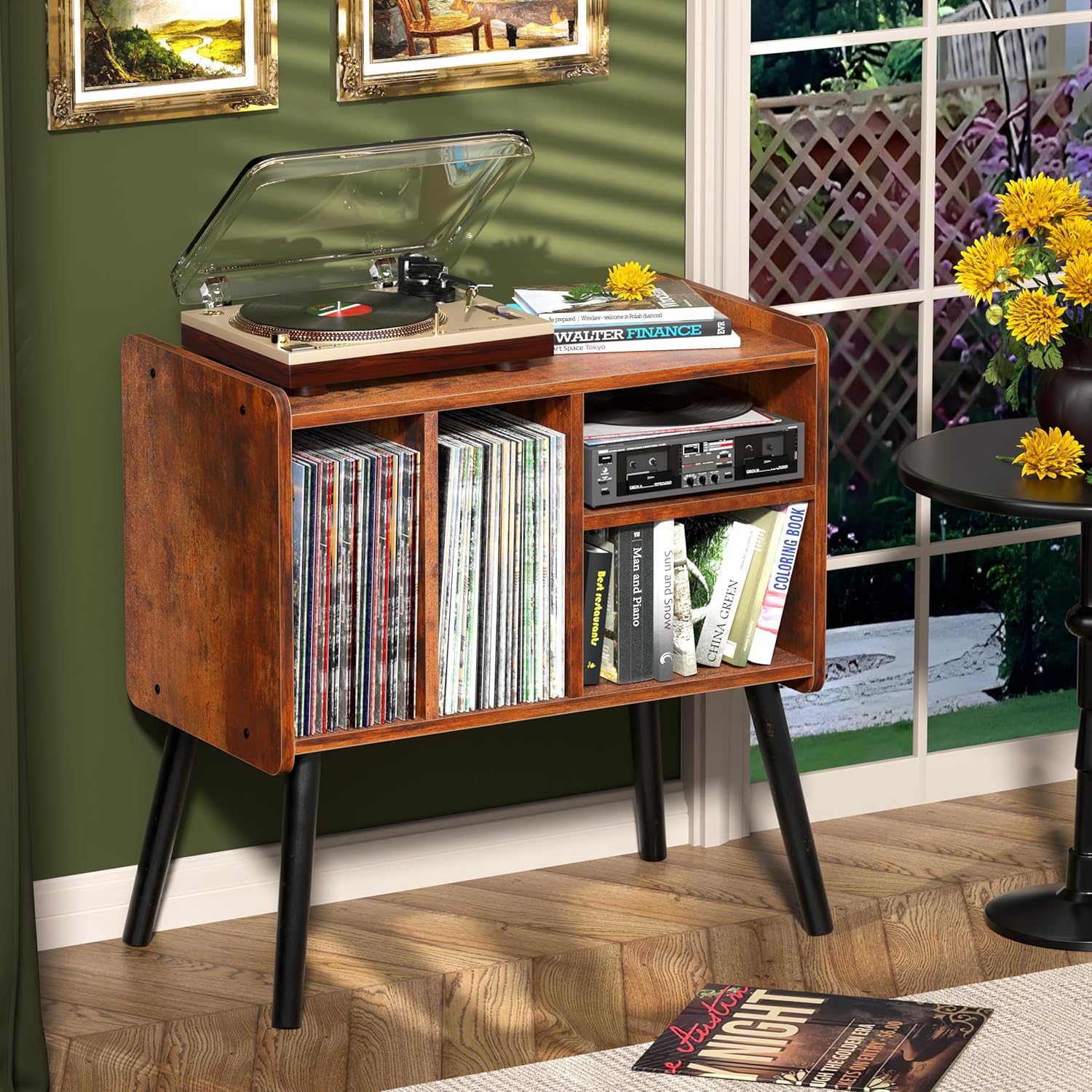 Record Player Table, Mid-Century Record Player Stand with Vinyl Storage Hold Up to 150+ Albums, Vinyl Record Cabinet with Adjustable Shelves, Wood Turntable Stand for Music Living Room (Brown)
