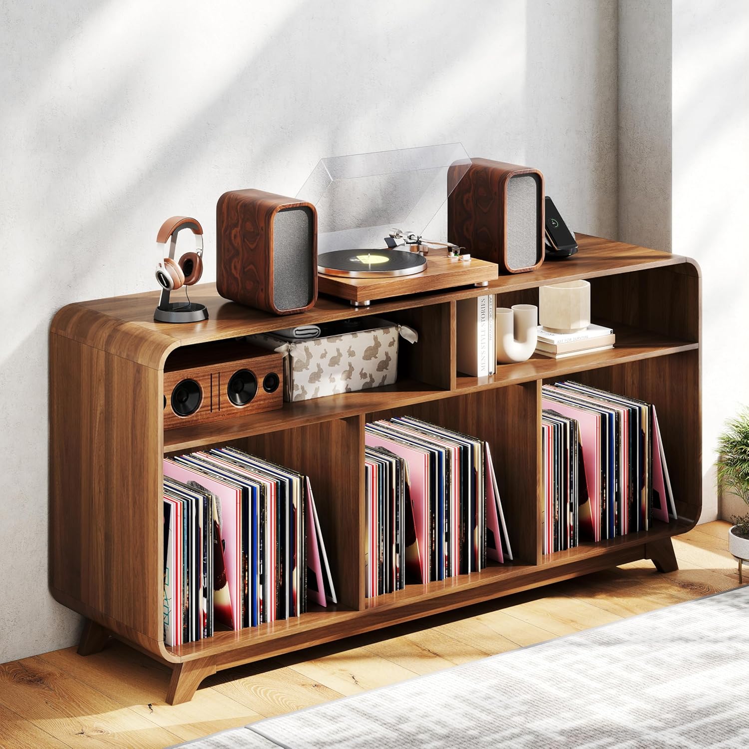 Record Player Stand with Vinyl Storage Cabinet with Charging Station & USB Ports, Turntable Stand Table Holds Up to 350 Albums, Curved Vinyl Record Cabinet for Living Room (Walnut, 55-inch)