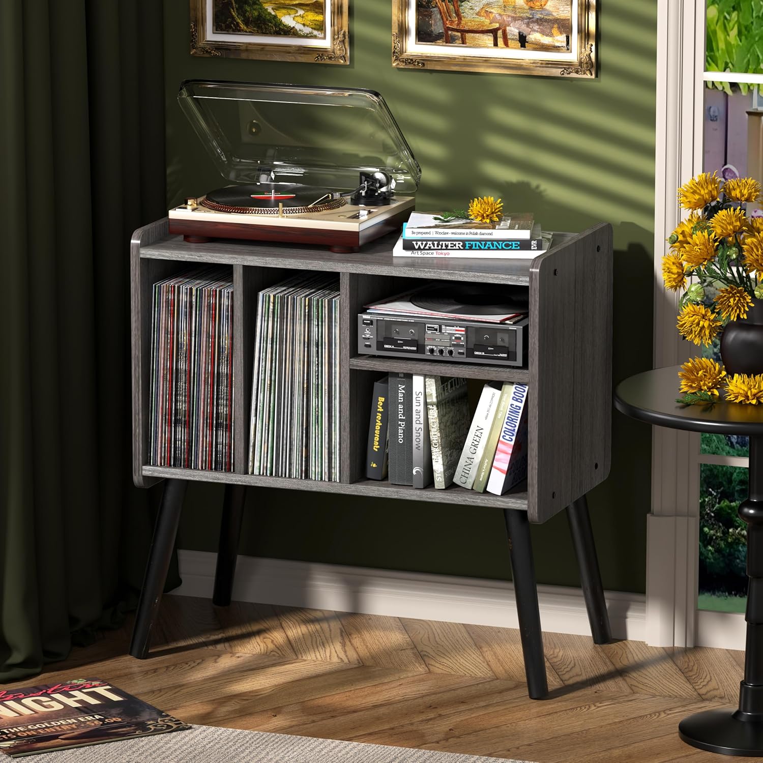 Record Player Table, Mid-Century Record Player Stand with Vinyl Storage Hold Up to 150+ Albums, Vinyl Record Cabinet with Adjustable Shelves, Wood Turntable Stand for Music Living Room (Brown)
