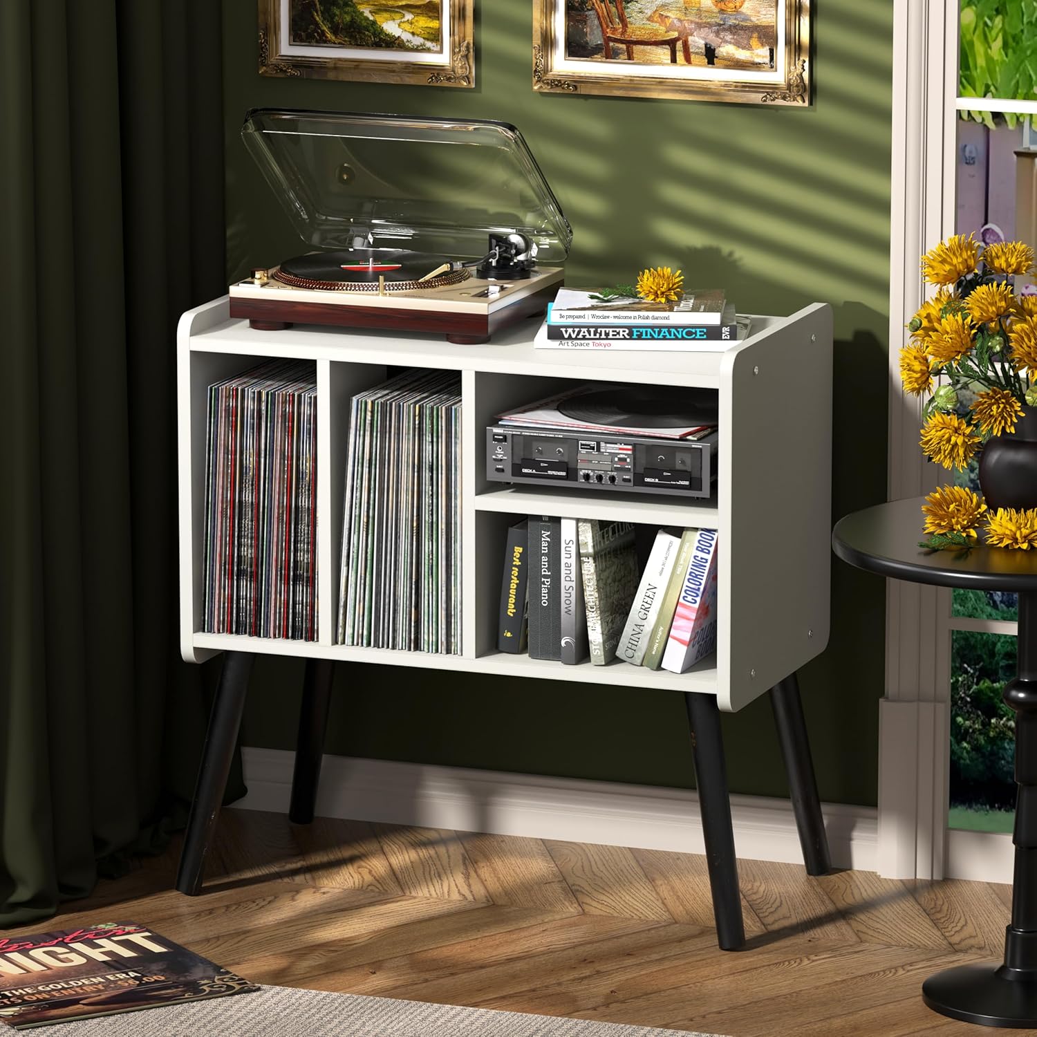 Record Player Table, Mid-Century Record Player Stand with Vinyl Storage Hold Up to 150+ Albums, Vinyl Record Cabinet with Adjustable Shelves, Wood Turntable Stand for Music Living Room (Brown)